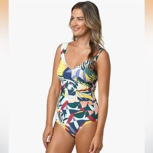 Jantzen Glamour Surplice Mio One Piece Tropical Utopia Azure Swimsuit 16 NWT